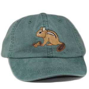 Chipmunk embroidered dad hat, adjustable leather strap, brass buckle, low profile baseball cap, fits most adults,cool crown lining,