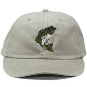 Bass embroidered baseball cap, dad hat, large mouth fishing, fisherman, father's day, adjustable strap and buckle, low profile