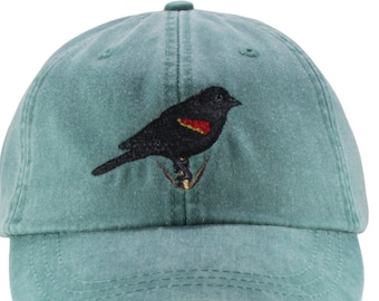 Red winged Blackbird hat, baseball cap, dad hat, mom cap, embroidery, wildlife hat, nature cap, bird lover gift, bird watcher, hiking