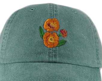 Poppy embroidered baseball hat, wild flower sun hat for women, great for gardening, walking, hiking, beach, bridal gift