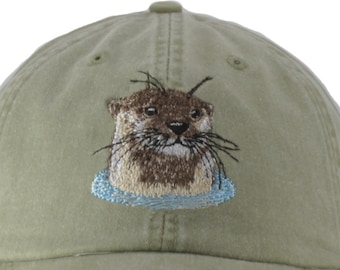 Otter embroidered low profile dad hat, baseball gift cap for mom,  adjustable leather strap, wildlife embroidery, fits most adults