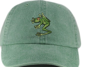 Tree frog embroidered baseball dad hat, mom woman man low profile cap, adjustable leather strap and brass buckle, cool crown lining