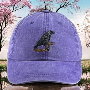 Crow embroidered baseball cap, adjustable dad hat for men and women, birding lover, black bird watcher gift, leather strap and buckle