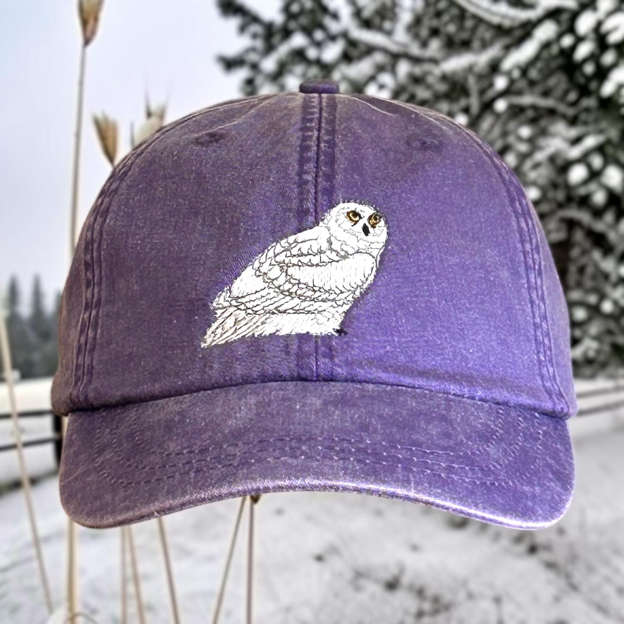 Snowy Owl embroidered low profile dad hat, unstructured baseball cap, adjustable leather strap, fit