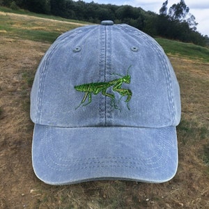May include: A blue denim baseball cap with a green embroidered praying mantis on the front.