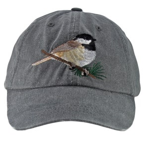 Chickadee embroidered hat, baseball cap, dad hat, black capped wildlife bird watcher gift, adjustable leather strap with brass buckle image 3