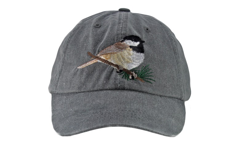 Chickadee embroidered hat, baseball cap, dad hat, black capped wildlife bird watcher gift, adjustable leather strap with brass buckle image 3