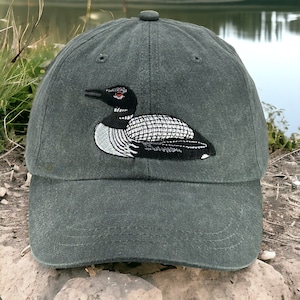 Loon embroidered hat, low profile baseball dad hat, mom duck cap, bird watching nature hat, common waterfowl, adjustable leather strap