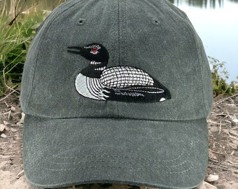 Loon embroidered hat, low profile baseball dad hat, mom duck cap, bird watching nature hat, common waterfowl, adjustable leather strap