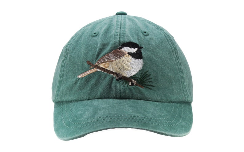 Chickadee embroidered hat, baseball cap, dad hat, black capped wildlife bird watcher gift, adjustable leather strap with brass buckle image 1