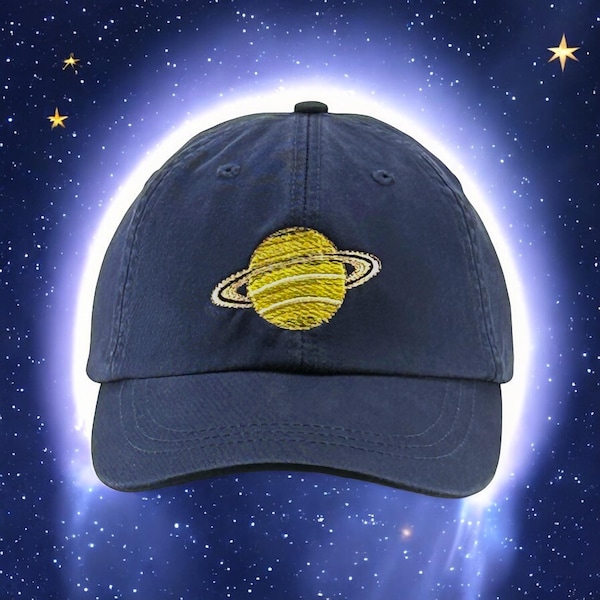 Saturn embroidered low profile dad hat, baseball mom cap, planet rings, adjustable leather strap, fits most adults, cool mesh lining