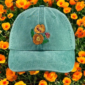 Poppy embroidered baseball hat, wild flower garden sun cap for women, low profile dad hat, adjustable leather strap, fits most adults
