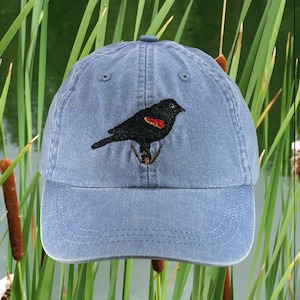 Redwinged Blackbird embroidered low profile dad hat, unstructured baseball cap, bird watcher gift, adjustable leather strap, fit most adults
