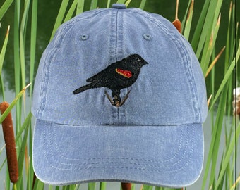 Redwinged Blackbird embroidered low profile dad hat, unstructured baseball cap, bird watcher gift, adjustable leather strap, fit most adults