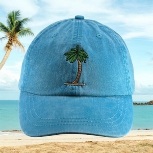 Palm tree embroidered beach hat, summer baseball vacation tropical sun cap, low profile dad hat, adjustable leather strap fits most adults