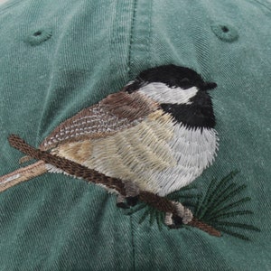 Chickadee embroidered hat, baseball cap, dad hat, black capped wildlife bird watcher gift, adjustable leather strap with brass buckle image 2