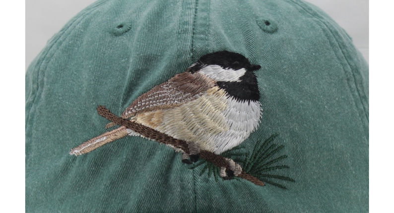 Chickadee embroidered hat, baseball cap, dad hat, black capped wildlife bird watcher gift, adjustable leather strap with brass buckle image 2