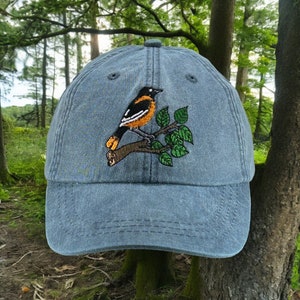 Baltimore Oriole embroidered hat, baseball cap, dad hat, mom cap, bird hat, wildlife hat, nature cap, bird gift, bird watcher