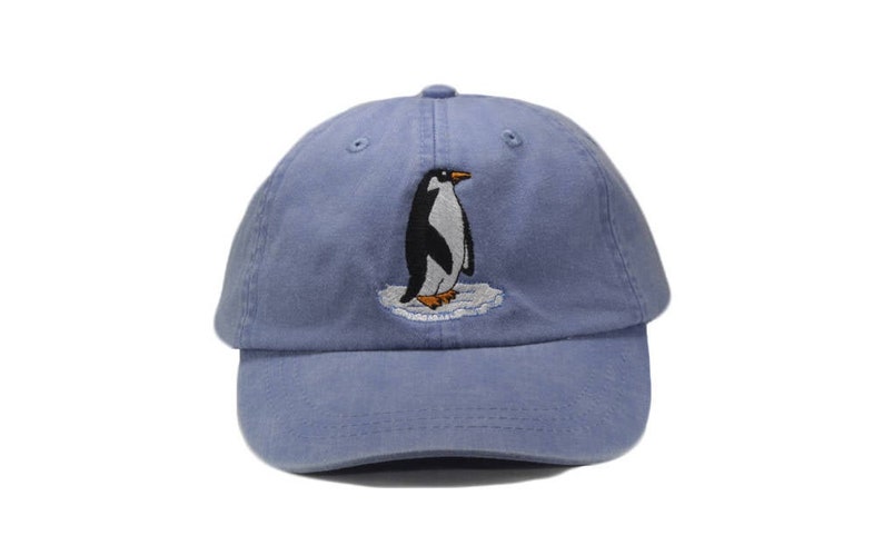 May include: A light blue baseball cap with an embroidered penguin design. The penguin is black and white with an orange beak and feet.