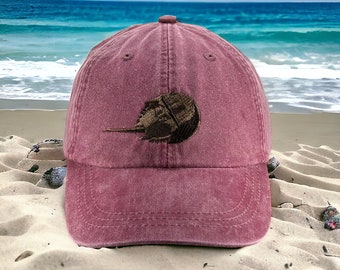 Horseshoe Crab embroidered hat, unstructured baseball cap, low profile dad hat, adjustable leather strap, fits most adults