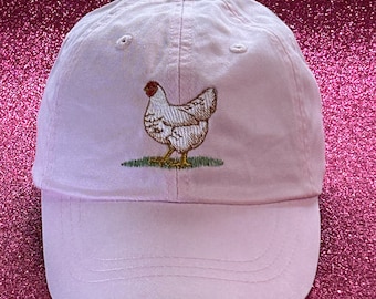 Chicken embroidered low profile baseball dad hat,  hen cap, adjustable leather strap and buckle, fits most adults