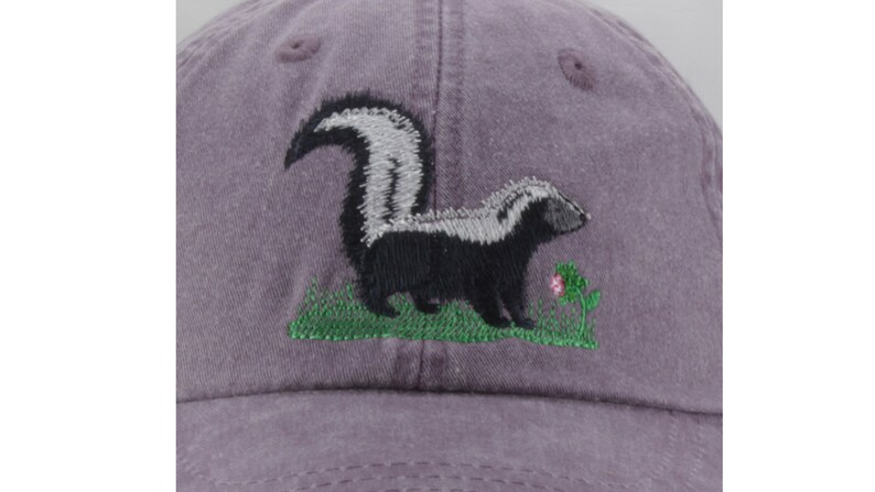 May include: A purple baseball cap with an embroidered black and white skunk design. The skunk is standing on green grass and has a pink flower next to it.