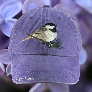 Chickadee embroidered dad hat, baseball cap, black capped wildlife bird watcher gift, adjustable leather strap with brass buckle