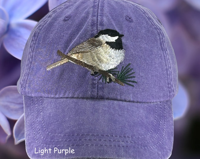 Chickadee embroidered dad hat, low profile baseball cap, black capped wildlife bird watcher gift, adjustable leather strap with brass buckle