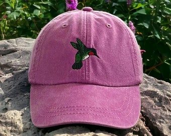 Hummingbird embroidered dad hat, baseball cap, bird lover watcher, adjustable leather strap and buckle, low profile fits men women