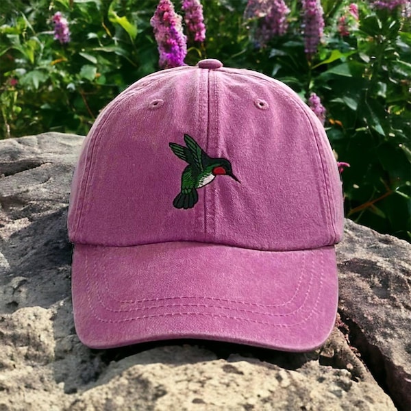 Hummingbird embroidered dad hat, baseball cap, bird lover watcher, adjustable leather strap and buckle, low profile fits men women