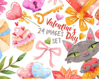 Watercolor Valentines Day Clipart, Valentines Instant Download, Love Heart Sweet Cat Cake Potion Flower Bow, Planner sticker