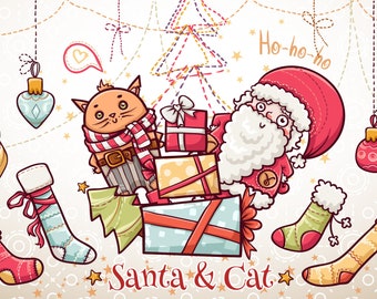 Christmas Santa Claus and Cat Clipart | Winter Holiday Card Gift Stocking Bundle | png svg eps | Festive Planner Stickers | Xmas Graphics