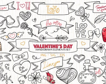 Doodle Valentines Day Clipart, Love Heart, Wedding clipart, Ribbon clipart, Logo elements, Vector icon elements clipart, Planner sticker