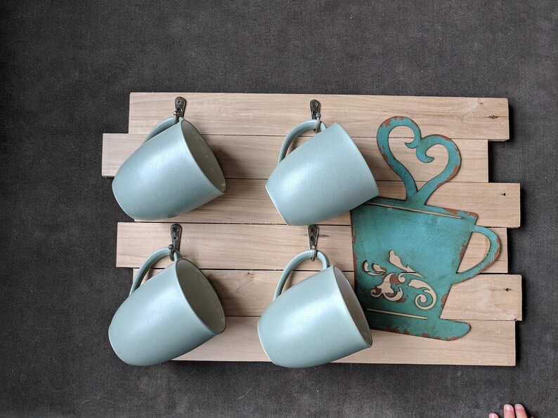 Coffee Cup Holder Wood And Metal Wall Sign Rack Rustic Etsy