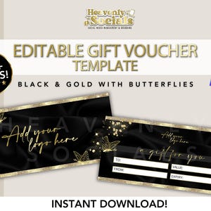 Pre-made Editable Gift Voucher Template | Black and Gold with Butterflies | Canva Template, Printable at Home, Beauty, Aesthetics