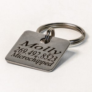 Dog ID Pet Tag Personalized with Engraving Silver Stainless Steel 1" Square Shape.