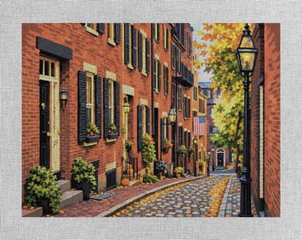 Autumn in Beacon Hill Boston Needlepoint Canvas, Acorn Street Fall Landscape