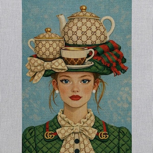 May include: Illustration of a woman wearing a hat adorned with a teapot, teacup, and scarf. The hat and accessories feature a repeating pattern. She wears a green jacket with a bow and a patterned blouse. The background is a light blue.