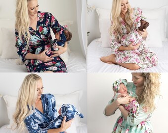 matching hospital gown and baby girl