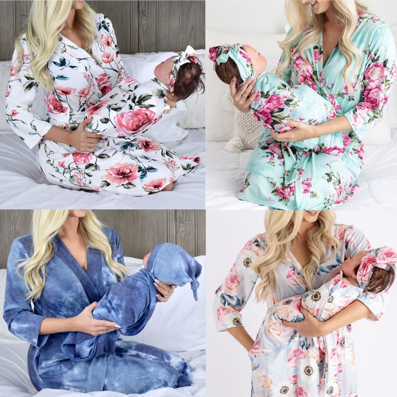 labor and delivery gown matching baby set, labor and delivery gown and robe, labor and delivery gown and matching swaddle
