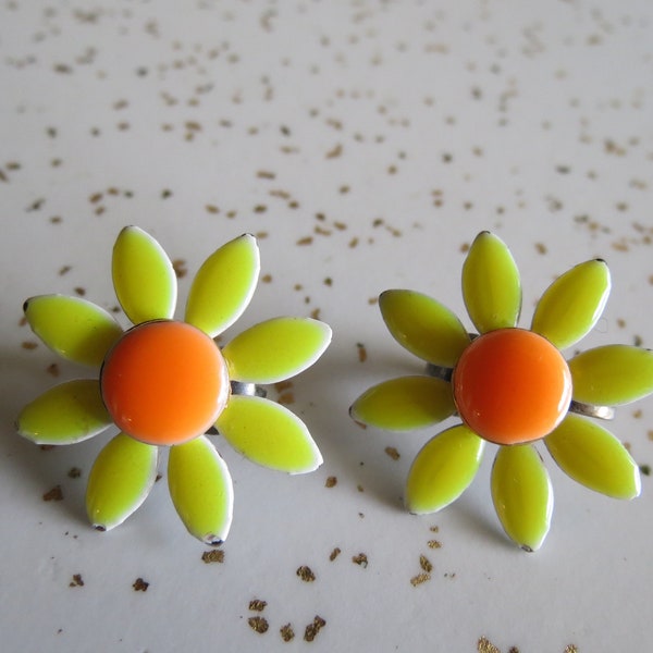 Vintage Small Yellow and Orange Enamel Daisy Clip On Earrings