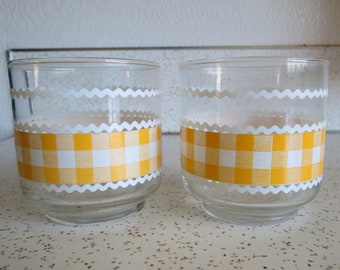 Vintage Pair of Yellow Gingham and Rick Rack Pattern Low Ball Juice Glasses
