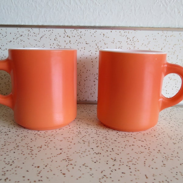 Vintage Pair of Unmarked Orange Milk Glass Coffee Mugs, 60's 70's Kitchen