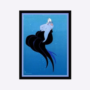 May include: A framed illustration of Ursula, the sea witch, from Disney's The Little Mermaid. The artwork features Ursula with her signature black dress and tentacles against a blue background. The frame is black.