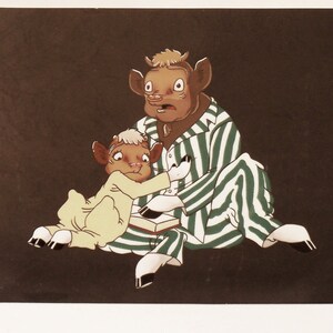 May include: Two cartoon cows in pajamas, one wearing green and white striped pajamas and the other wearing yellow pajamas, are sitting on a brown background. The cow in the striped pajamas is holding a book.