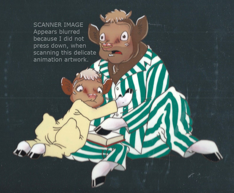 May include: Two cartoon cows in pajamas, one wearing a yellow and the other wearing a green and white striped pajama set. The cow in the yellow pajamas is holding a book.
