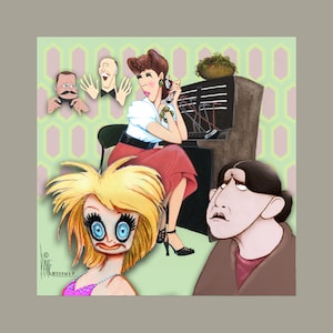 May include: A cartoon illustration of four people in a vintage setting. A woman with blonde hair is wearing a pink dress and has large eyes. A woman with brown hair is wearing a red skirt and a white blouse. A man with brown hair is wearing a blue shirt and a red tie. A man with brown hair is wearing a brown jacket and a white shirt. The background is a green and brown pattern.