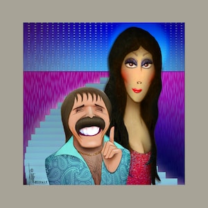 May include: A cartoon illustration of a man and a woman. The man is wearing a blue paisley shirt and has a mustache. The woman is wearing a red dress and has long black hair. The background is a blue and purple gradient with a staircase.