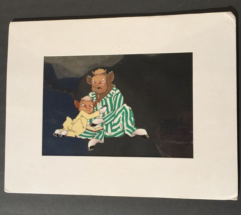 May include: A hand-drawn illustration of two cartoon animals, a brown and white cow and a white lamb, wearing pajamas. The cow is wearing green and white striped pajamas and the lamb is wearing yellow pajamas. The cow is looking at the lamb with a concerned expression.