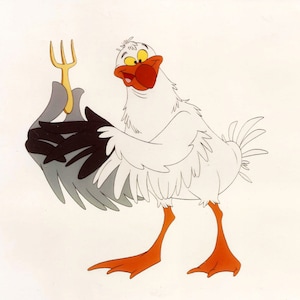 May include: A cartoon illustration of a white bird with orange legs and a red beak holding a yellow fork. The bird has gray and black feathers on its wings.